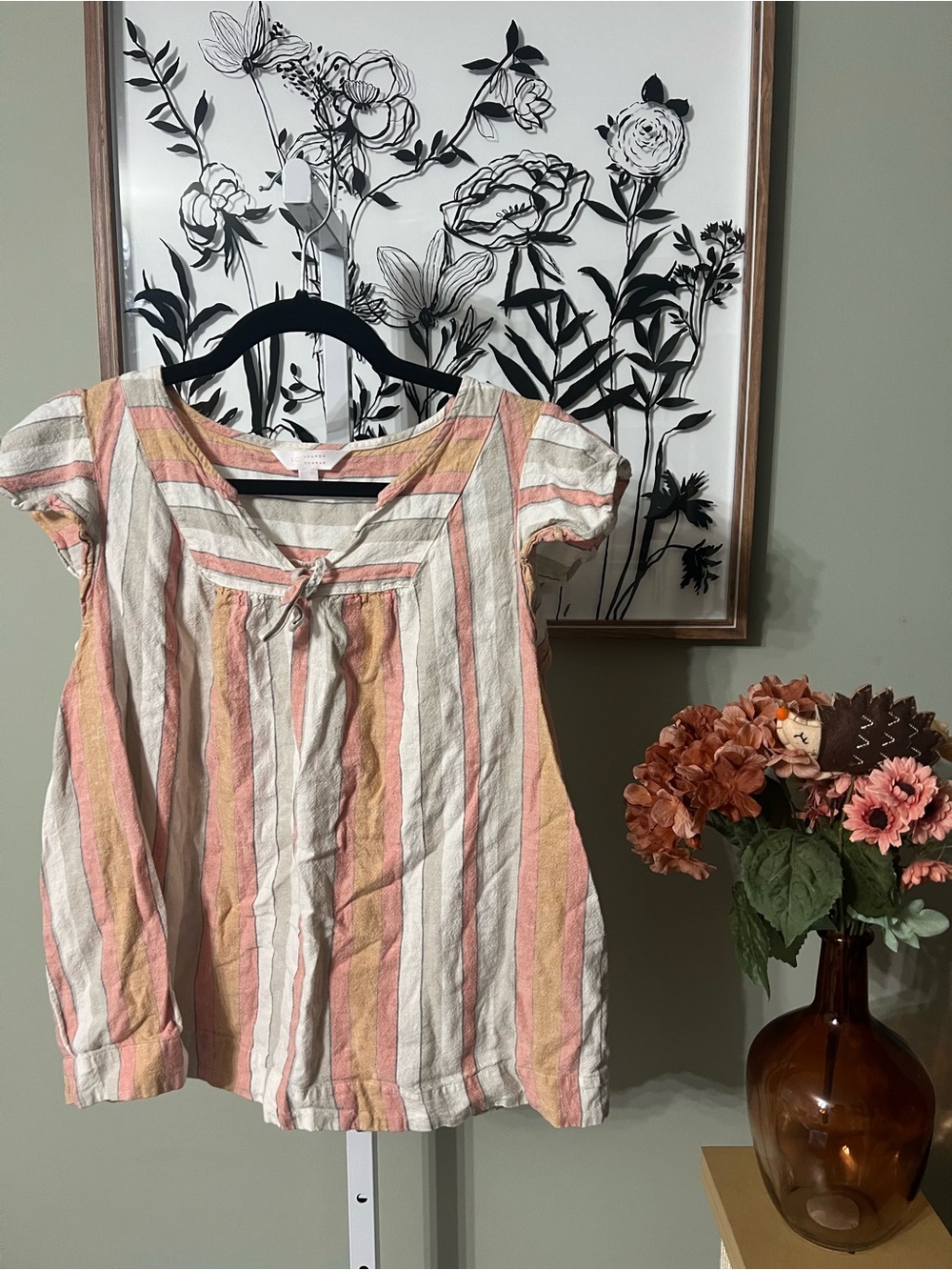 Lauren Conrad Pastel Striped Linen Blend Front Tie Short Sleeve Size XL